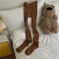 Brown knitted ribbed tights for women, solid color cotton winter leggings, cozy ins style. - One Size / Bottoms / Orange-Brown