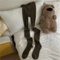 Dark brown ribbed pantyhose for women, cozy winter thermal tights in solid color style. - One Size / Bottoms / Dark Cyan Brown