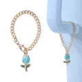 Gold chain blue tulip cup charm and bracelet, sweet enamel flower accessory for cups and wear. - Blue