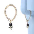 Chic gold-tone chunky chain with black enamel tulip flower pendant, cute cup charm and accessory. - Black