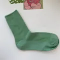 Green mid-calf cotton socks for women, solid color ribbed knit casual Japanese style cute hosiery. - One Size / Seaweed Green