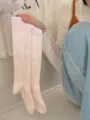 Pink vertical stripe calf socks, lightweight combed cotton daily basic casual hosiery. - One Size / Light Pink