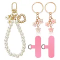 Perlen Armband Schlüsselanhänger Set mit süßen rosa Blumen Anhängern und Handy Schlaufen. - Stil 1