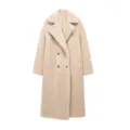 Beige winter women's long teddy fleece coat, double breasted lapel thick warm outerwear. - XS / Off White