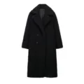 Elegant women winter thick black teddy fleece oversized long double breasted lapel coat - XS / Black