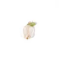 Handmade tulip pendant detail, translucent pearlescent flower with green leaf and gold loop. - Orange