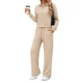 Tuta Casual Donna Due Pezzi Manica Lunga Felpa Zip Collo Pantaloni Gamba Larga Beige - Taglia S / Top e Pantaloni / Bianco avorio
