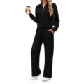 Tuta casual nera da donna top maniche lunghe mezza zip pantaloni larghi autunno nuovo - Taglia S / Top e Pantaloni / Nero