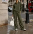 Green half-zip tracksuit set casual two piece loungewear for women autumn winter fashion. - Army Green