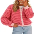 Pink and red striped button cardigan sweater, casual knitwear for women, autumn winter style. - Red