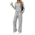 Grey long sleeve zip polo top wide leg pants casual tracksuit detail view comfortable wear. - S / Top And Bottom / Gray