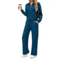 Women casual long sleeve zip collar sweatshirt and wide leg pants tracksuit two piece set - S / Top And Bottom / Teal