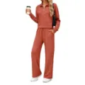 Rust red half-zip long sleeve sweatshirt and wide leg trousers loungewear set detail shot - S / Top And Bottom / Brick Red