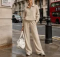 Casual beige zip-up hoodie and sweatpants tracksuit set for women fashion autumn winter. - Khaki