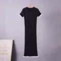 Black contrast short sleeve knit bodycon dress for women, chic slim fit vintage style midi. - S / Dresses / Black