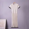 Short sleeve contrast knit bodycon midi dress elegant retro slim fit casual wear summer chic - S / Dresses / Apricot