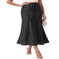 Gonna midi nera a pois bianchi, elegante vita alta stile seta linea ad A da donna fashion. - Taglia S / Nero