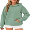 Sweat à capuche côtelé vert pour femme, manches longues et poche avant, vue détaillée. - Vert