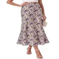 Bloemen midi rok detail, hoge taille A-lijn ontwerp, elegant paars patroon voor de lente. - Paars