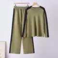 Detailed view of the olive green knit sweater set with black contrast sleeves and cozy fabric. - One Size / Top And Bottom / Green