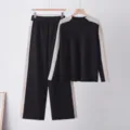 Knitwear detail view, colorblock long sleeve top and wide leg trousers, cozy fabric. - One Size / Top And Bottom / Black