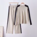 Beige knit sweater and wide leg pants set with black contrast stripes, cozy autumn knitted outfit. - One Size / Top And Bottom / Apricot