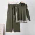 Dark green knit turtleneck sweater and wide-leg pants set, stylish and comfortable outfit. - One Size / Top And Bottom / Green