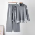 Grey turtleneck knit sweater and wide leg pants set detail view, cozy winter women outfit - One Size / Top And Bottom / Gray