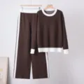 Detail shot of women autumn winter color block knit sweater wide leg pants two piece set. - One Size / Top And Bottom / Coffee