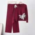 Burgundy knit sweater and wide leg pants two piece set with rhinestone butterfly detail. - One Size / Top And Bottom / Burgundy