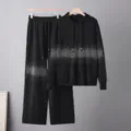 Schwarzer Strass Strick Hoodie und Weite Hose Jogginganzug Set für Damen Freizeit - Einheitsgröße / Oberteil Und Unterteil / Schwarz