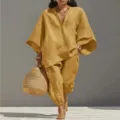 Women's casual linen-blend batwing sleeve V-neck loose two-piece pants set yellow - Wheat