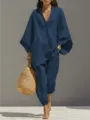 Casual batwing sleeve V-neck loose two-piece top and pants set for women spring summer. - Navy Blue