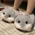 Pantoufles en peluche hamster gris, chaussures en coton douillettes pour l'hiver à la maison. - Taille unique (EU 35-38) / Pantoufles fermées hamster gris
