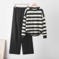 Chic black and white striped knit sweater and wide-leg pants set for women autumn winter. - One Size / Set / Black