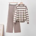 Detailed view of the striped knit sweater and wide-leg pants set in neutral brown and white. - One Size / Set / Coffee
