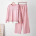 Ensemble pull en tricot rose avec haut à manches longues et pantalon large taille haute chic. - Taille unique / Haut Et Bas / Rose