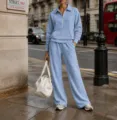 Casual light blue half-zip sweatshirt and matching sweatpants tracksuit set for women. - Sky Blue