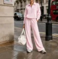 Pink half-zip sweatshirt and wide-leg sweatpants set, casual two-piece tracksuit outfit. - Pink
