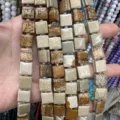 Detailed macro view of square natural stone beads with unique side grooves for DIY jewelry - 10*10*5mm (Approx 32 Beads Per Strand) / Picture Jasper