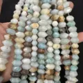 Close-up of natural stone hexagonal column beads showing textures and colors - 7x14mm (Approx. 24 Pieces/Strand) / Amazonite