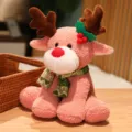 Cute pink Christmas reindeer plush toy with brown antlers, red nose, and green scarf for gifts. - Pink