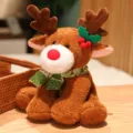 Cute Christmas reindeer plush toy with red nose and scarf, soft stuffed elk doll for gifts. - Chocolate