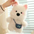 Cute fluffy white terrier puppy plush toy with mini denim bag and soft healing design. - Westie Puppy with Backpack