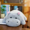 Cute grey hippo plush toy, soft stuffed animal lying pillow for kids and room home decor. - Lying Hippo Throw Pillow
