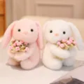 Mignonne peluche lapin tenant un bouquet de roses, doudou animal doux cadeau pour filles. - Paire de lapins avec des fleurs / Rose et Blanc