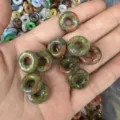Handheld green and red natural agate stone donut beads for DIY craft jewelry making - 15x4MM / Unakite