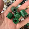 Close-up of green malachite style cylindrical stone beads held in hand for DIY jewelry - Approx. 9*9mm / Peacock Turquoise