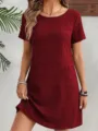 Einfarbiges Kurzarm-Rundhals-Minikleid mit Taschen für Damen Sommer Freizeitkleidung Alltag - S / Burgunderrot