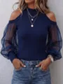 Haut tricoté côtelé épaule dénudée unicolore décontracté pour femme avec manches mesh. - S / Bleu foncé